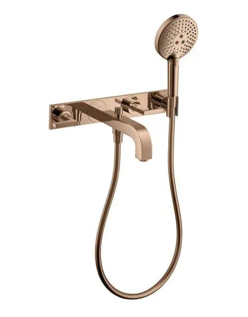 AXOR Armatur für die Wandmontage mit zwei Hebelgriffen und einer Handbrause. Ausgeführt in Polished Red Gold mit einem schlanken und funktionalen Design.